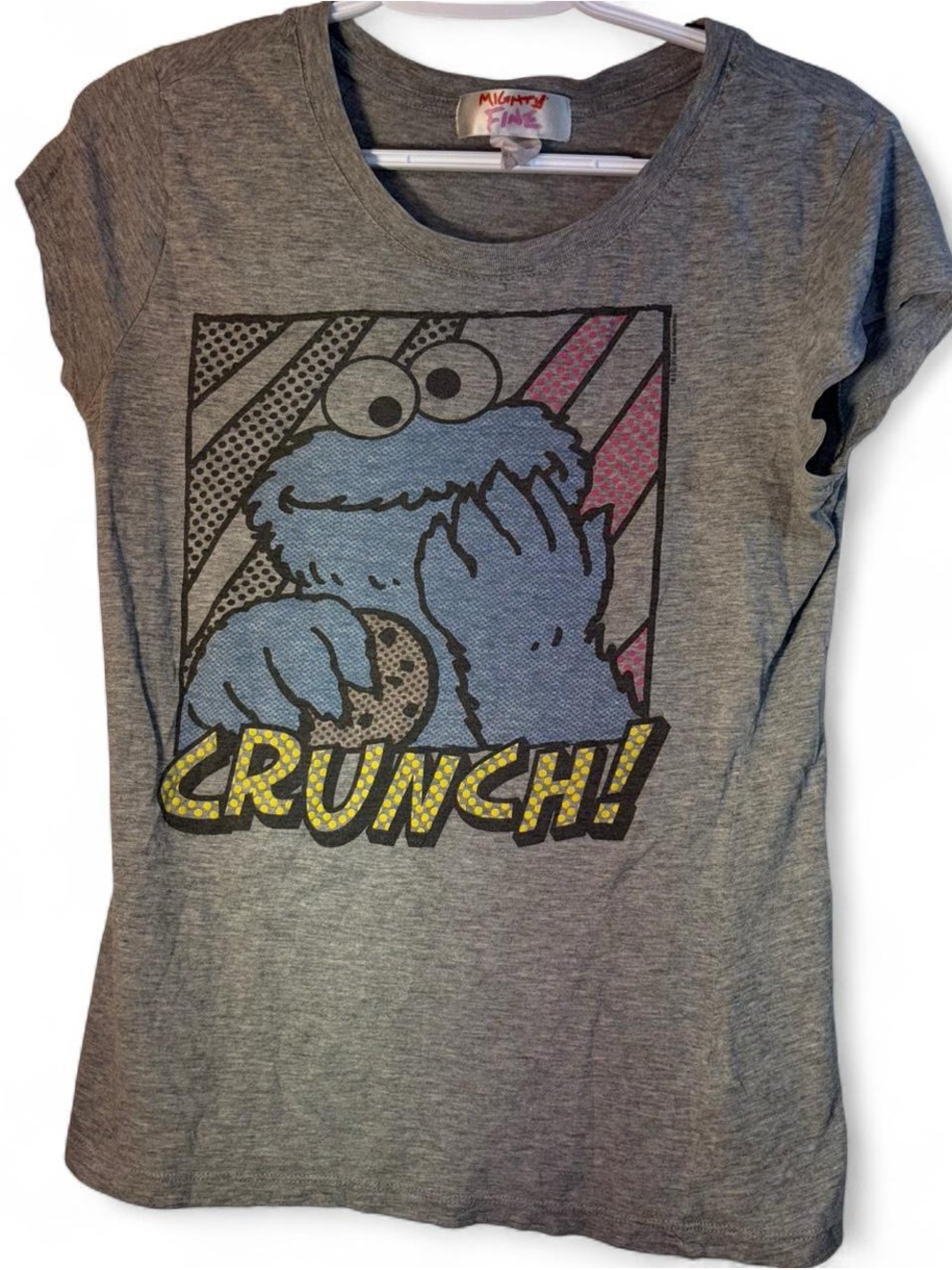 Mighty Fine Gray Tee with Blue Cookie Monster Graphic and Yellow Accent